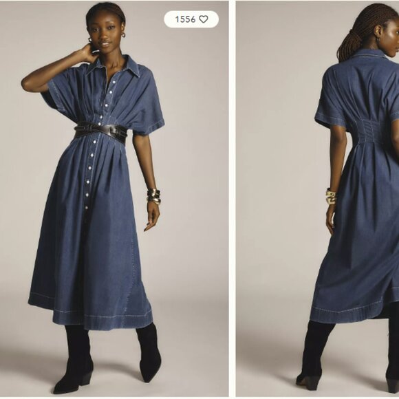 Anthropologie Tobie Button-Front Pleated Shirt Dress by Exquise: Denim Edition - Picture 1 of 8